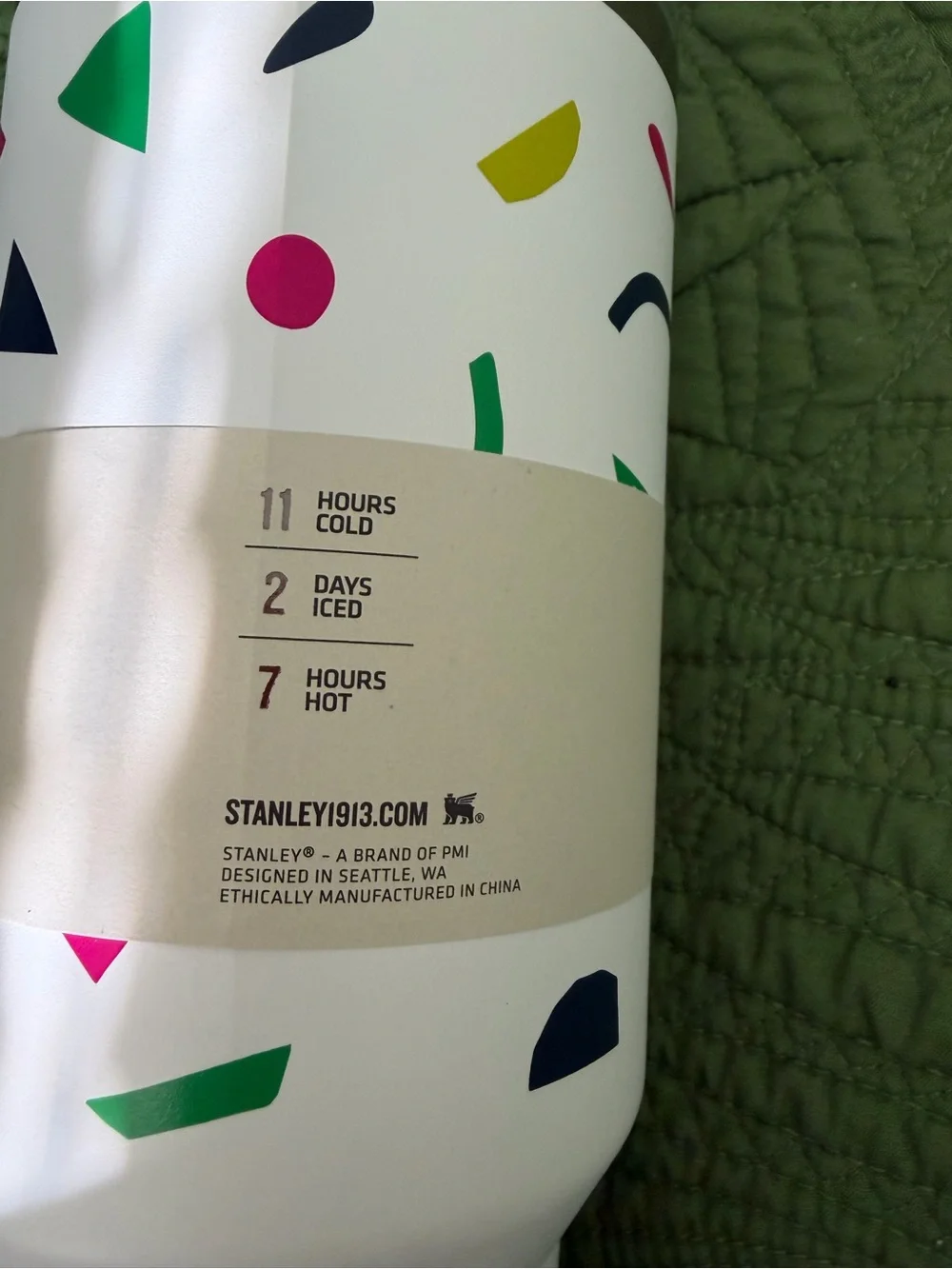 Stanley White Tumbler with Navy Handle and Multicolor Accents